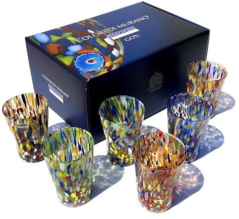 MAZZEGA ART & DESIGN – 6 handgefertigte Trinkgläser aus Muranoglas mit raffinierter Murano-Murrine – Die Farben von Murano – Modell 395 ml. Hergestellt in Italien. (MIX-SR)