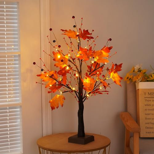 ACAREY Herbstdeko Ahornblatt Baum Lichter mit 24 LEDs, Lichterbaum Für Innen Herbst Deko 61cm Lichterbaum mit Herbstblätter Deko Halloween Kürbis Deko Für Tisch Herbstdeko Zum Aufhängen (Herbstdeko)