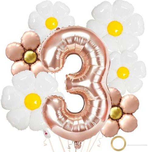 DazzJoy Geburtstagsdeko 3 Jahre Mädchen mit Gänseblümchen Folienballon, Luftballons Deko 3. Geburtstag Mädchen, Luftballon 3 Jahre Geburtstag Mädchen, Ballon 3 Geburtstag für Kindergeburtstag Deko