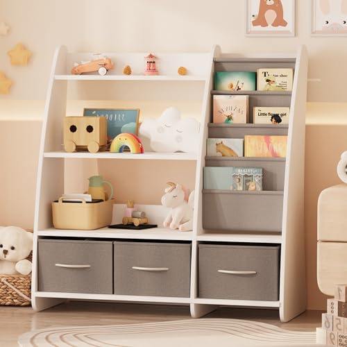 NACHES Bücherregal Kinder Kinderregal 91x38x92cm, Montessori Regal mit 4 Ablage, 2 offnen Fächern und 3 Aufbewahrungsboxen, aus Holz, für Kinderzimmer (Weiß)