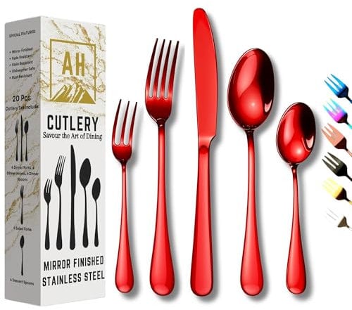 Crimson Red Mirror Finished Cutlery Set, Red Knives and Forks Set Perfect Christmas Dinner Set, Cutlery Set for 4 People, Elegant Tableware, Dishwasher Safe, Stainless Steel Cutlery - 20pcs Set.