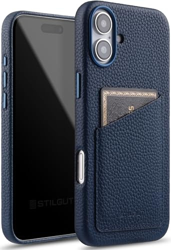 STILGUT Cover kompatibel mit iPhone 16 Hülle mit Kartenfach, Case aus Leder, Kartenhülle - Dunkelblau