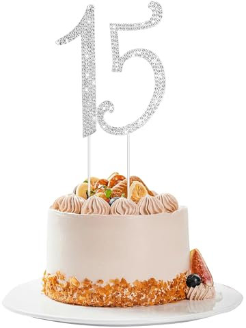 Mabor Tortenaufsatz, Kristall-Kuchenaufsatz zum 15. Geburtstag, mit Strasssteinen, Dekoration für Geburtstagsparty und Jubiläumsfeier (Silber)