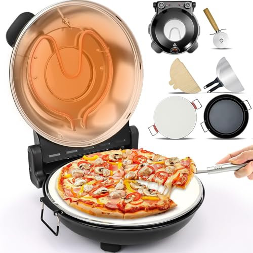 Forno Elettrico per Pizza Il ripiano del forno per pizza da interno da 12 pollici riscalda fino a 420 ℃ con pietra per pizza, griglia, tagliapizza, termometro finestra di visualizzazione,fornello