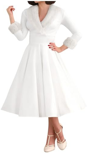 Cadeau Noël Robe Femme Chic et Élégante de Cocktail Vintage Manches Longues Col Carré Rétro Costume Père Noël Grande Taille Victorienne Blanc XL