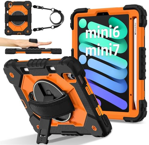 FONREST Funda portátil resistente para iPad Mini (A17 Pro 7ª generación) de 8.3 pulgadas 2024/Mini 6 2021 con lápiz Hoder giratorio, correa de mano, cordón rígido a prueba de golpes, funda protectora