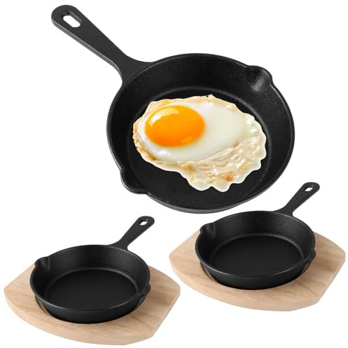 SHUESS 3er Set Mini-Gusseisen-Bratpfannen Mit Holzboden, 14cm Gusseisen Pfanne Klein, Pfannen, kleine Bratpfannen für Herd, Backofen, Grillsicher, Innen- und Außenbereich