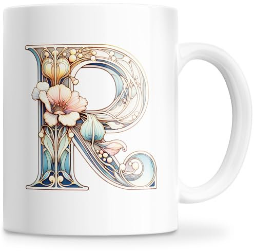 Taza Personalizada con Letra Inicial del Nombre - Taza Cerámica 350ML con Motivo Floral, Regalos Originales para Mujeres, Mamá, Amigos - Apta para Lavavajillas y Microondas (R)