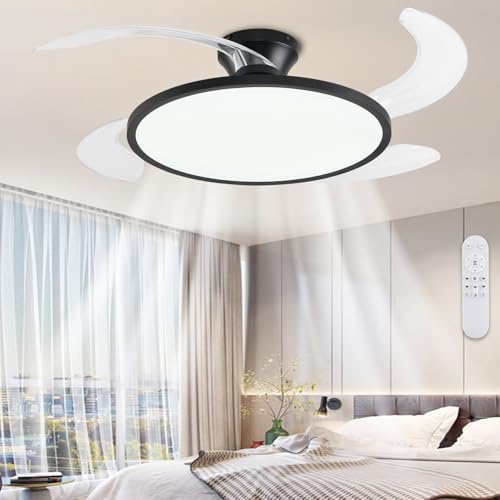 AHAWILL Retractable Ceiling Fan with Remote Control Lights, 42'' Low Profile Ceiling Fan with Retractable Blades, Full Spectrum Dimmable, Modern Living Room Light Fixture