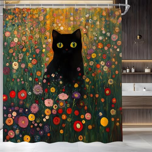 AYDSMYD Tenda da doccia con gatto nero, stile bohémien, grazioso motivo Hello Kitty, con stampa di Hello Kitty, design moderno, in tessuto, decorazione per la casa e il bagno, con ganci, 177,8 cm x