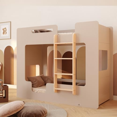 smartwood Etagenbett 80x180 cm mit Rausfallschutz, Holz, Kaschmir, Mimi B | Stockbett für 2 Kinder, Lattenrost: unterer bis 230kg; oberer bis 130kg, FSC Kiefernsperrholz, abgerundete Kanten, ab 3 Jahre