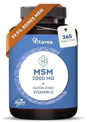 MSM 2000mg pro Tag mit Vitamin C - MSM-Pulver Reinheit 99% - 365 Tabletten | Vegan - Vitamin C für bessere Methylsulfonylmethan Aufnahme - Laborgeprüft - Ohne unerwünschte Zusätze - Vitavea