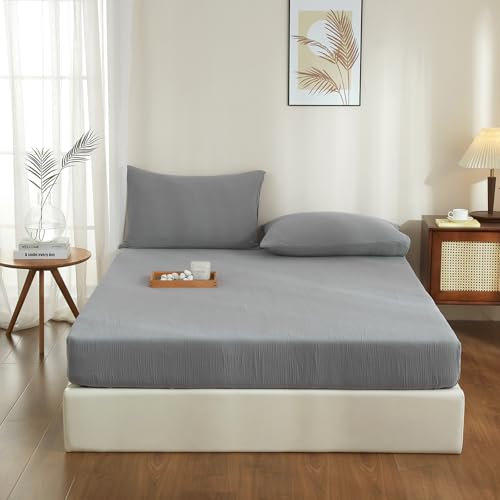 YASMENG Doppelte Muslin Spannbettlaken 200x200cm 100% Baumwolle Grau Muslin Bettlaken 200x200cm Baumwolle Weich Atmungsaktiv Kuschelige Spannbetttuch Boxspringbett Geeignet für 30cm Matratze