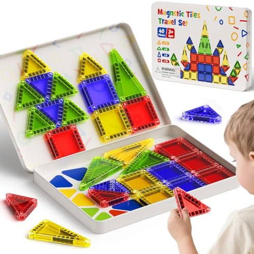 Magnetische Tiles Konstruktion Set Reisespielzeug für Kinder Tragbar Reisen MINI Magnetische Fliesen Spielzeug Magnetische Baukasten Geschenk für 3+ Jahre Kleinkinder (40pcs Magnetische Tiles)