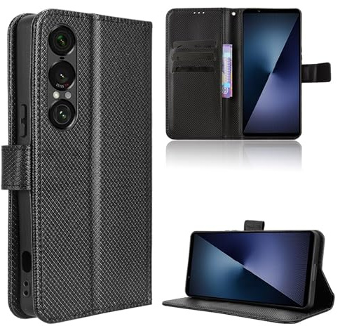 Rojeuinn Hülle für Sony Xperia 1 VII Handyhülle-Hülle Stoßfest Case Cover-Handy Case in Premium Kohlefaser [Klappbar Flip] [Standfunktion Tasche] -Schwarz