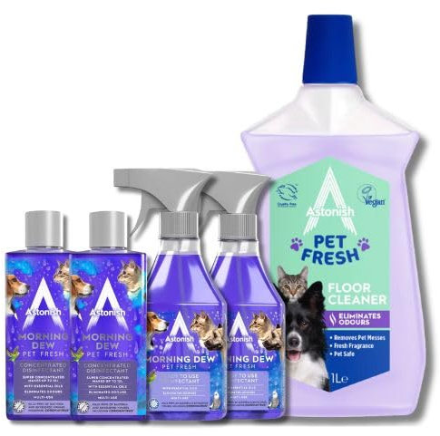 Astonish Morning Dew Pet Fresh Cleaning Bundle 7 Piece Set Floor Cleaner Disinfectant Sprays & Concentrates Pet Safe Kills 99.9% of Bacteria Fresh Morning Dew Scent
