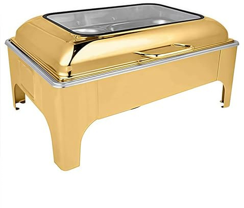 Scaldavivande con Coperchio in Vetro Idraulico, fornello a Buffet - Fornello Quadrato riscaldante in Acciaio Inossidabile Dorato da 9 Litri, per Hotel, ristoranti e Feste