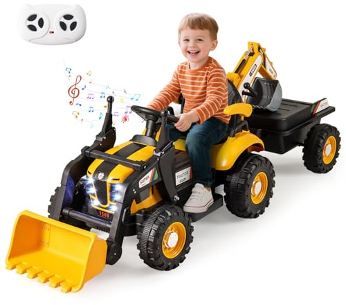 RELAX4LIFE Trattore Elettrico 4 in 1 per Bambini, Escavatore e Bulldozer con Rimorchio, Pala e Ruote Antiscivolo, Veicolo da Cantiere con Sedile Regolabile, Luci LED per Bambini di 3+ Anni (GIALLO)