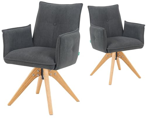 DUBI Möbel Esszimmerstühle 2er Set 360° drehbar mit Taschenfederkern, hoher Sitzkomfort, bis 150 kg belastbar, abriebfester Stoff Anthrazit, Eiche Massivholzgestell geölt (Natur), Mika-Emil