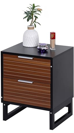 Relaxdays bedside table with 2 drawers, HWD 50x40x33 cm, wood effect, bamboo legs, nightstand for bedroom, brown/black