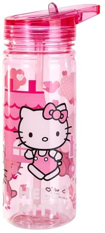 Hello Kitty 580ml Kids Water Bottles with Straw - School Drinks Bottle | Reusable Plastic Bottle Made of Durable Ecozen BPA Free Material, Lightweight & Leakproof Childrens School & Sports Bottles