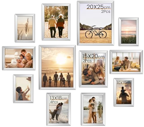 Feihorrm 12er Bilderrahmen Set verschiedene Größen, Bilderwand Silber | Fotocollage für Wand & Tisch, leichter Kunststoff-Fotorahmen mit Acrylglas, Rahmen für Fotos 10x15, 13x18, 15x20 & 20x25 cm