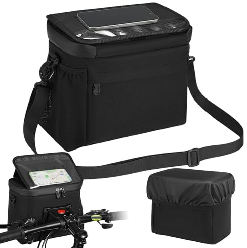 Cioquli 6L Lenkertasche Fahrrad mit Lenkeradapter,3 in 1 Wasserdicht Fahrrad & Umhänge & Handtaschen Touchscreen Handyhalterung,Fahrradkorb Vorne für E-Bike,City & Trekking(Schwarz Regenschutz)
