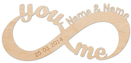GRAVURZEILE Holzschriftzug - Unendlichkeitszeichen Design - personalisiert mit Namen & Datum - Zeichen der ewigen Liebe und schöne Geschenkidee für verliebte Paare zur Hochzeit, Verlobung & Jahrestag