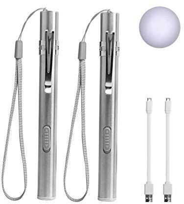 LEAGY 2 Paquetes Bolígrafo de Luz, luz médica, luz de pluma de enfermera, linterna LED recargable por USB, acero inoxidable con clip de bolsillo y cordón para cuidado personal, iluminación