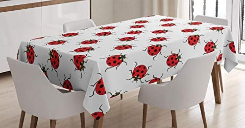 ABAKUHAUS Kids Tischdecke, Marienkäfer-Muster, Wasserfest Waschbar mit Klar Sichtbaren Farben kein Verblassen Personalisiert, 140 x 170 cm, Weiß Rot