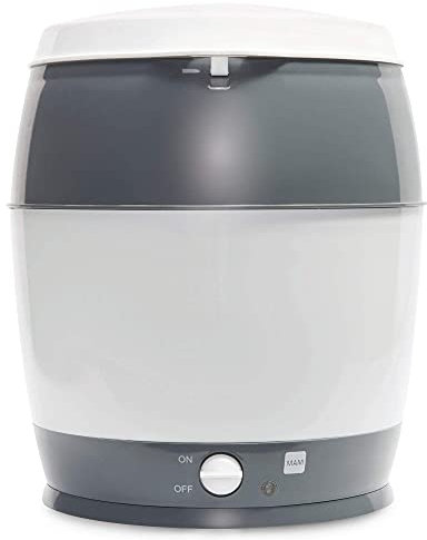 MAM Sterilisator, elektrischer Dampfsterilisator für Babyflaschen, Sauger & Zubehör, zuverlässiger Vaporisator inkl. Oberkorb und Zange, grau