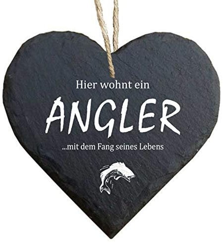 Herz Schieferherz Schiefer Schieferschild 10 x 10 cm Hier wohnt EIN Angler mit dem Fang seines Lebens schwarz Dekoschild Wandschild Schild Stein Geschenk