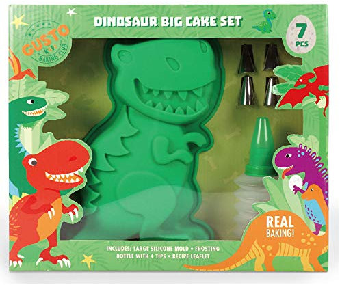 Childrens Dinosaur Baking Set, w/Large Dinosaur Silicone Cake Mould, Piping Bottle with Nozzles and Dinosaur Recipe Card! Great Childrens Baking Set Boys, (Real Baking Sets for Children)