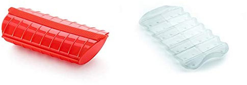 Lékué - Estuche de vapor, 1-2 personas, color rojo + Bandeja multifuncion transparente BLANCA, Silicona, 19 x 10.5 x 2 cm