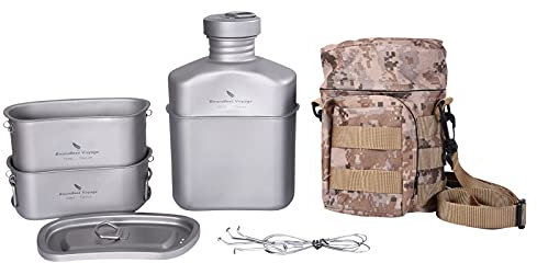 Boundless Voyage Ti15158Br Titanium Military Canteen with Camouflage Bag Large Capacity Kidney-Shaped Camping Pot Pan Set with Lid & Hanging Chain