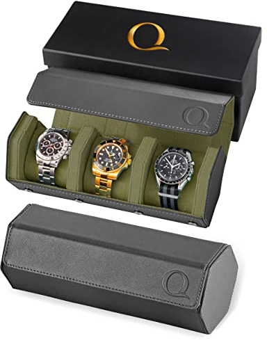 QWATCHBANDS Leather Watch Roll Travel Case for 3 Watches, Gray/Green