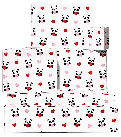 Central 23-6 Geschenkpapierblätter - Panda Love Hearts - Schwarz-Weiß-Rot-Geburtstagsgeschenkverpackung - Für Männer und Frauen - Recycelbar