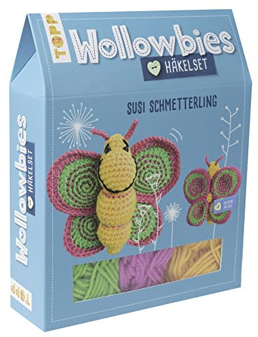 Wollowbies Häkelset Schmetterling: Anleitung und Material für einen fröhlichen Schmetterling zum Selber-Häkeln. Mit Holzknopf und Stofflabels zum Individualisieren. Fertiges Modell ca. 12 cm