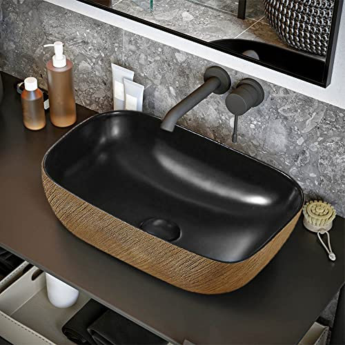 Inbagno Lavabo da appoggio Ovale 45x32 cm in Ceramica Nera Opaca con Decorazione Oro
