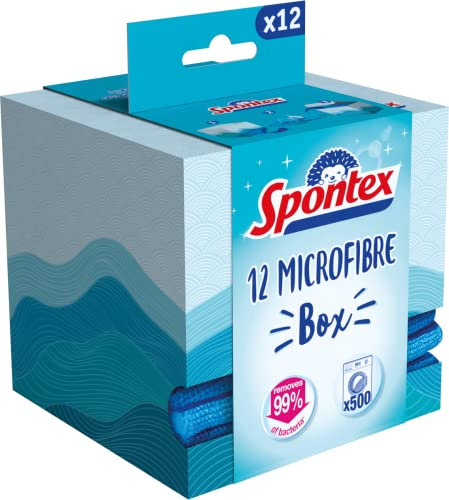 Spontex Microfibre Box, Mikrofasertücher in praktischer Spenderbox, wiederbefüllbar, vielseitig und effizient, Farbe Nicht frei wählbar, 1 x 12er Pack