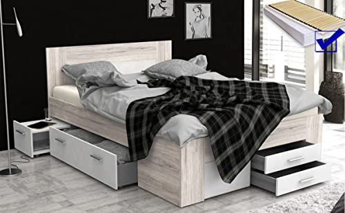 expendio Jugendbett Jade 1 Sandeiche weiß 140x200 cm Schubladenbett Lattenrost Matratze Bett mit Nachtkommoden Jugendzimmer Kinderzimmer