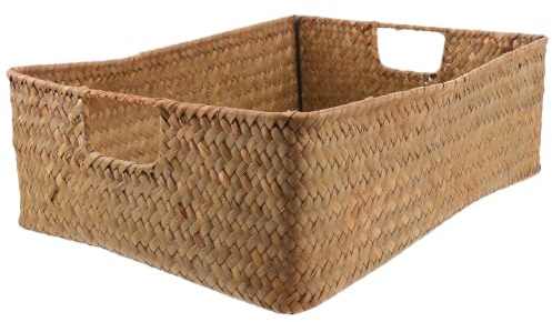 Operitacx Woven Basket for Storage, Wicker Storage Basket, Bathroom Woven Seagrass with Handle, Rectangular Box for Home Office Shelves- 15.4 x 11.4 x 5.1inch
