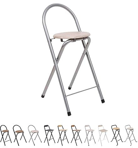 THE SECRET HOME Taburete Plegable con Respaldo - Silla Plegable de Metal y Madera - Ideal para Cocina, Terraza o Jardín (Alto. 80 cm x Largo. 40 cm - Plateado)
