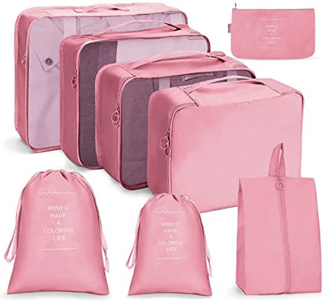 OSDUE Koffer Organizer Set 8-teilig, Packing Cubes, wasserdichte Reise Kleidertaschen, Packtaschen für Koffer, Verpackungswürfel mit Schuhbeutel, USB Kabel Tasche (Rosa)