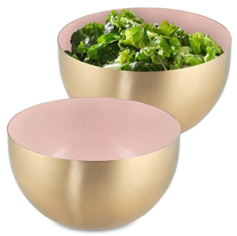 Relaxdays Saladier INOX, Lot de 3, 1 Litre, mélangeur pour Cuisiner et pour Le Service, diamètre 15 cm, Cul de Poule, Rose/doré