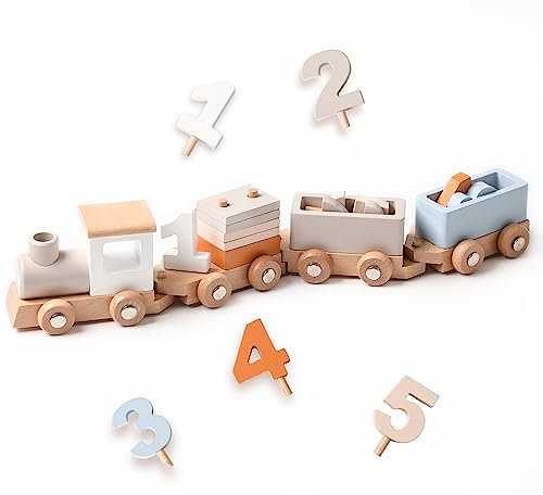 Mamimami Home Tren de cumpleaños de Madera Montessori Stapelspielzeug Deko 1 2 3 4 5 Geburtstag Junge Geburtstagszug Mädchen Zahlen und Blöcke Holzbahsenbahnspielzeugset