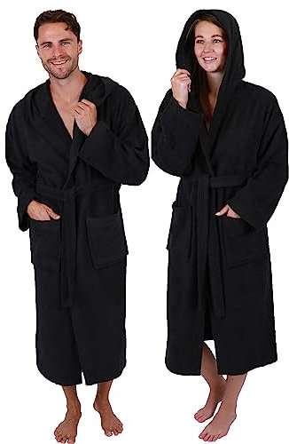 Betz Baumwolle Bademantel mit Kapuze für Herren und Damen - Saunabademantel - langer Bademantel - Saunamantel - Farbe schwarz - Größe L/XL - FULDA