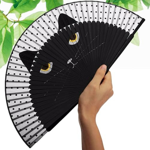 YARRD Black Cat Folding Fan, Silk & Bamboo, Portable, 8.3x14.6 inches, 1 Speed, Black Cat Design, Ideal for Women, Home Decor, Cosplay, Gift