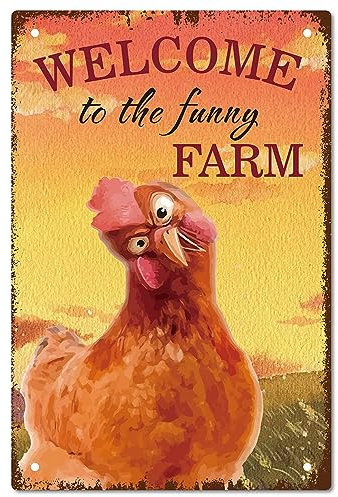 CREATCABIN Welcome to The Funny Farm Schild,Huhn,Metallblechschild,Hahn,Vintage-Gemälde,Poster,Plakette,Retro-Eisenschild,Wandbild,Hängende Wandkunst,Dekoration Für Badezimmer,Restaurant,20x30cm