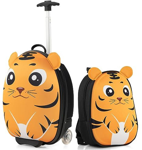 COSTWAY Valise Enfants à roulettes 16” et Sac à Dos 12”, Ensemble de Bagages Enfant avec Poignée Rétractable 58-74CM, Bagage à Main avec Motif Mignon pour Voyage École 30x21x40CM (Tigre2)
